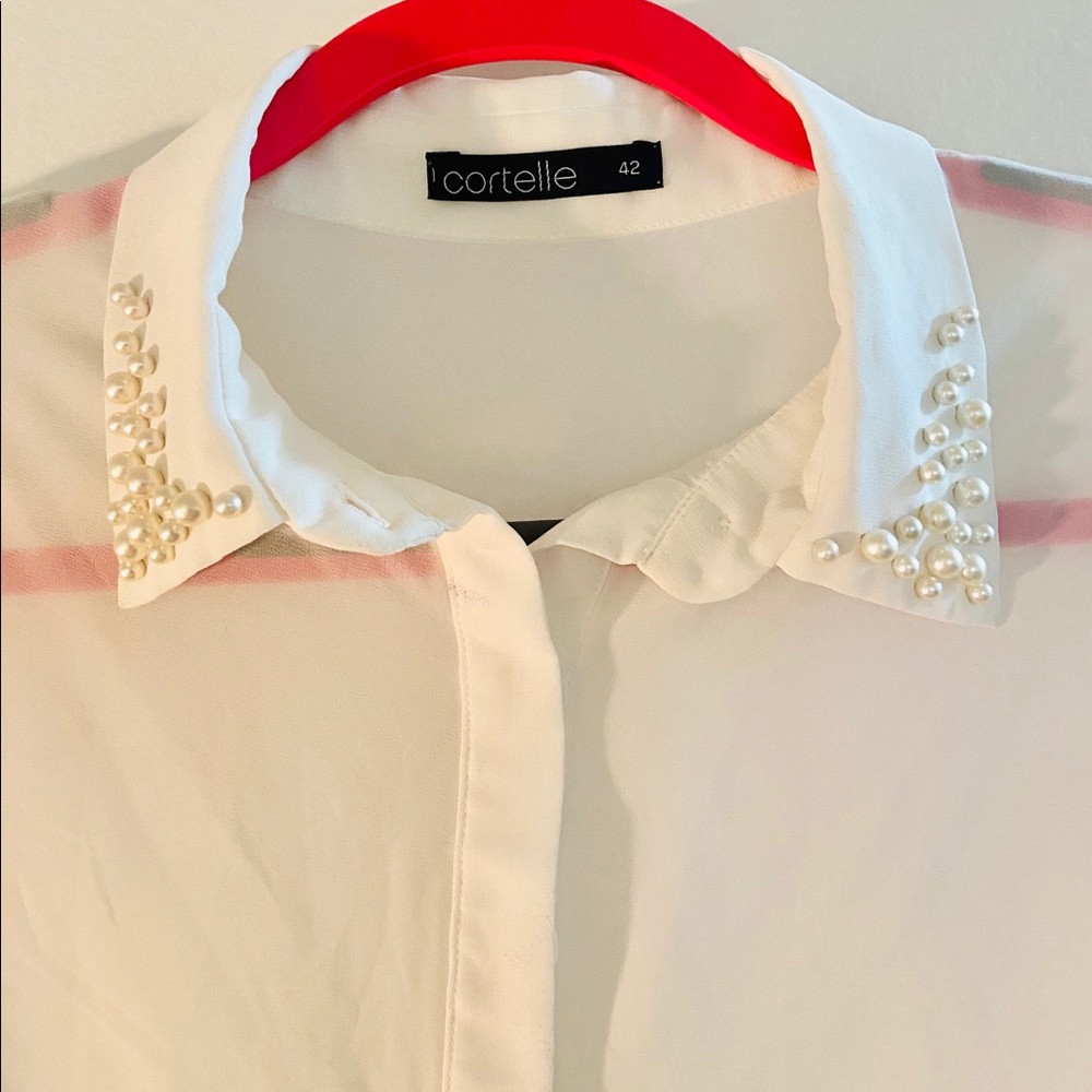 White silk embellished collar shirt